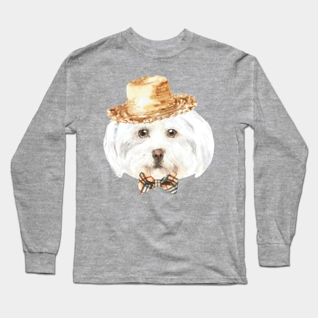 Shih Tzu Wearing Straw Hat and Bowtie Long Sleeve T-Shirt by LaarniGallery